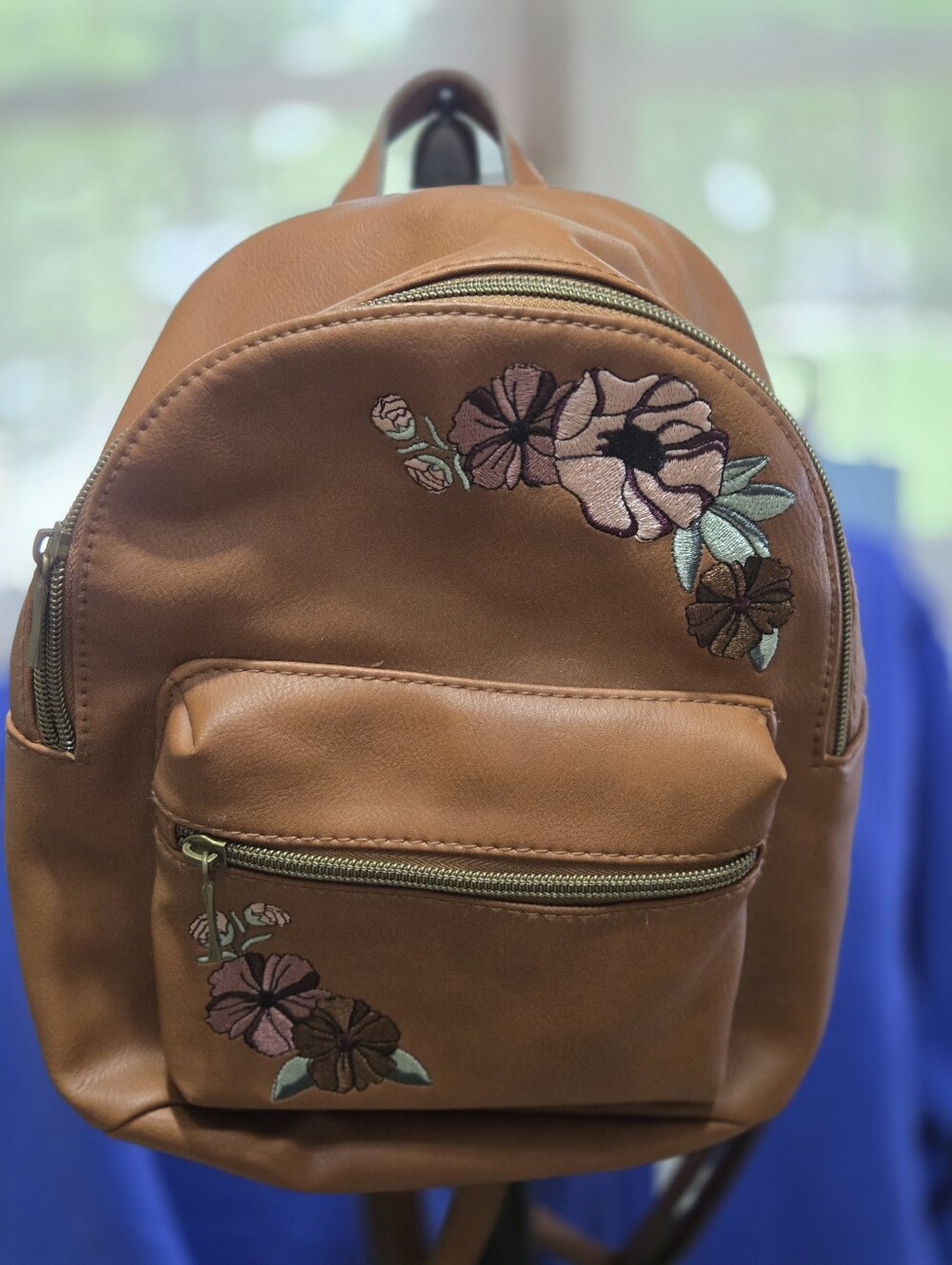 Brown Floral Embroidered Mini Backpack Like New
